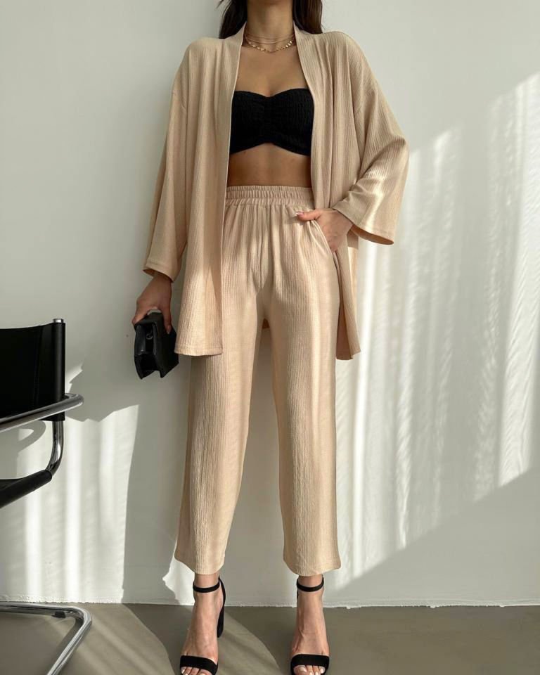 Bej Kimono İkili Takım