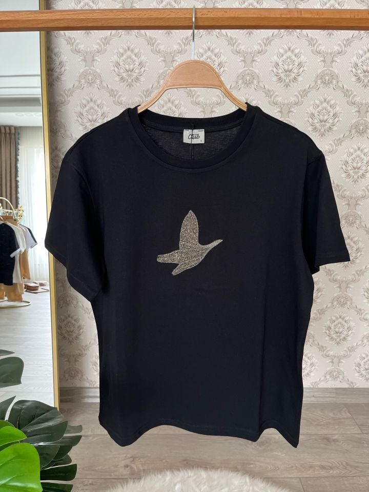 Siyah Kuşlu Taşlı Tshirt