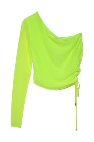 Quzu Büzgü Detaylı Tül Bluz Neon Sarı
