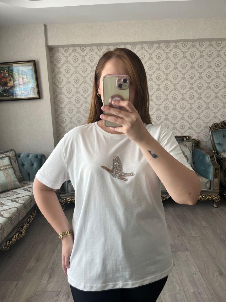 Beyaz Taşlı Kuşlu Tshirt